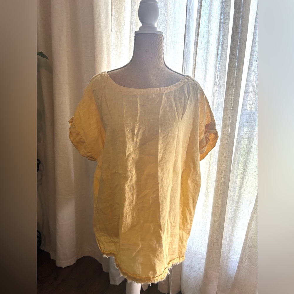 MAGASCHONI 100% Linen yellow boxy square short sleeve shirt tunic top large